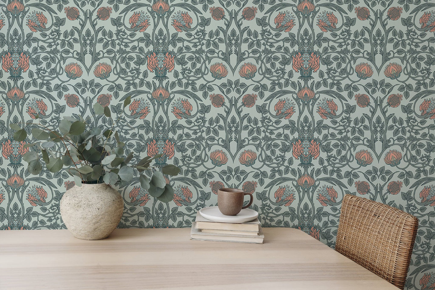 Dining room space with vintage floral wall mural pattern.