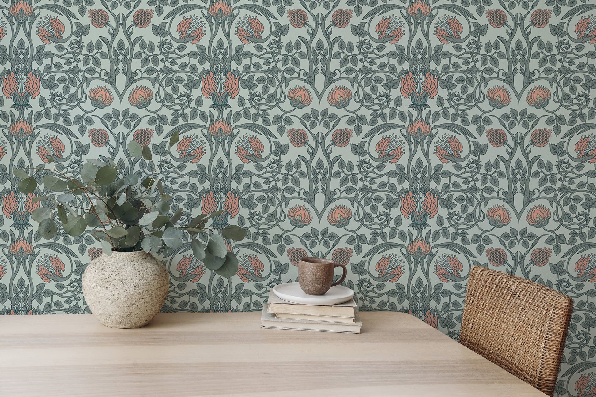 Dining room space with vintage floral wall mural pattern.