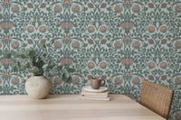 Dining room space with vintage floral wall mural pattern.