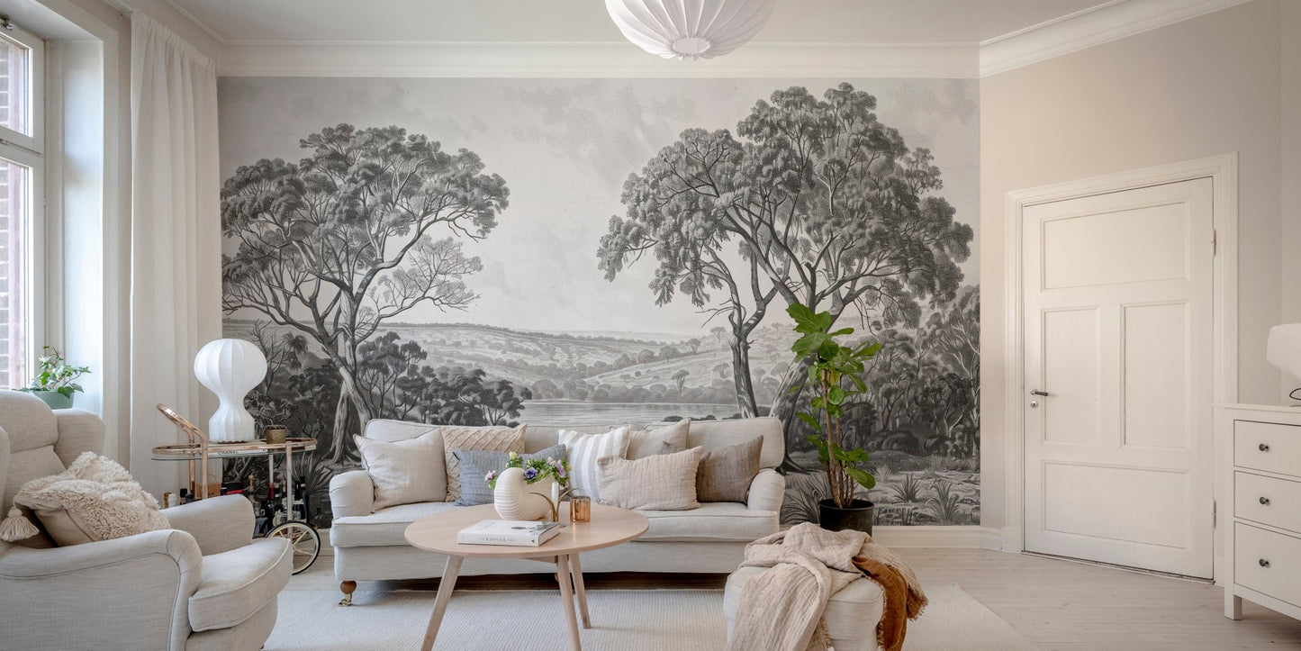 Black and grey river city wall mural in a contemporary living space.