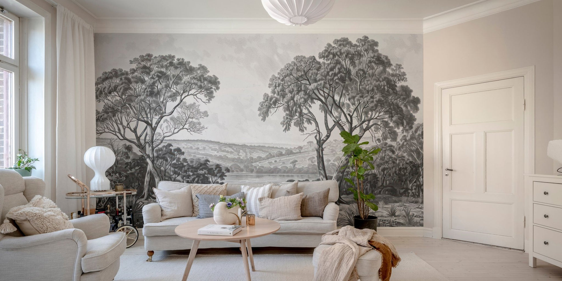 Black and grey river city wall mural in a contemporary living space.