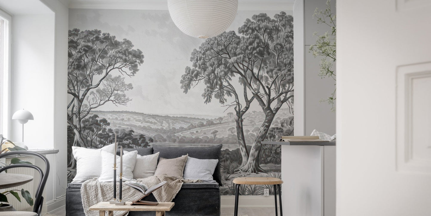 Detailed river city sketch wall mural in a light-filled room with white decor.