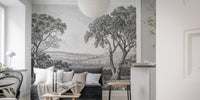 Detailed river city sketch wall mural in a light-filled room with white decor.