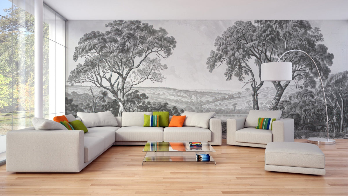 Vintage River City Mural for Retro-Inspired living room interiors.
