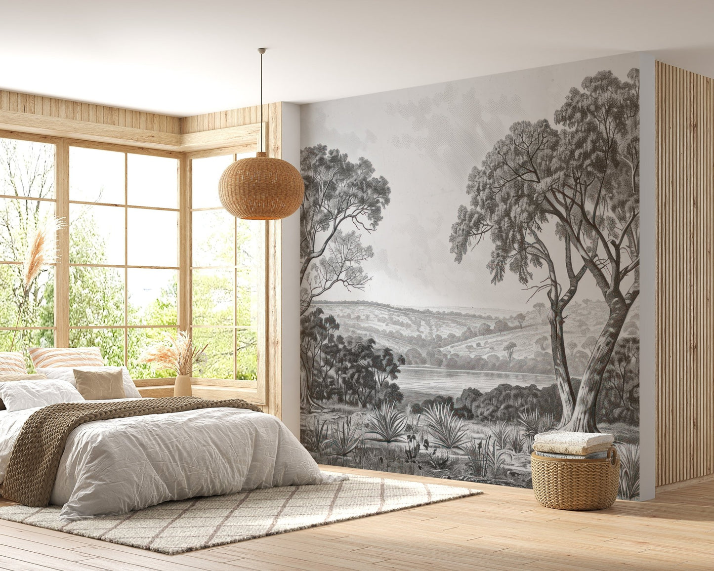 Retro Vintage River City Wall Mural in a bright bedroom.