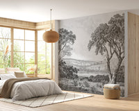 Retro Vintage River City Wall Mural in a bright bedroom.