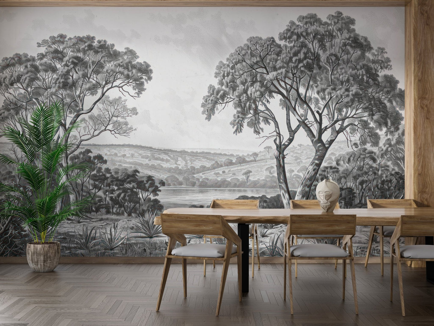 Grey tonal wall mural showing a river scene in a formal dining room.