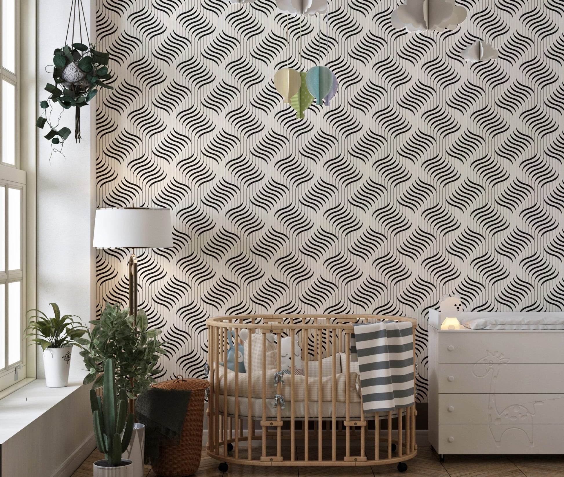 Ripple Monochrome Geometric Waves Wallpaper in a nursery with a wooden crib.