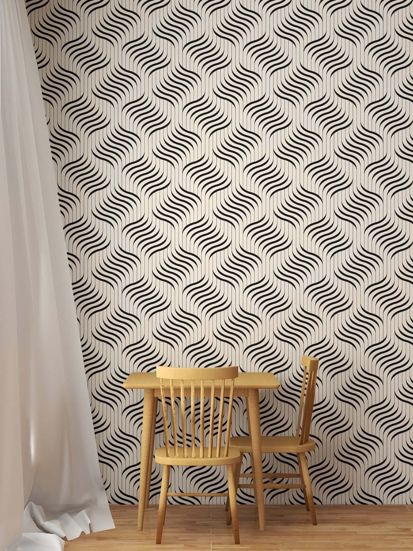 Grey and white geometric wallpaper behind a small wooden table and chair.