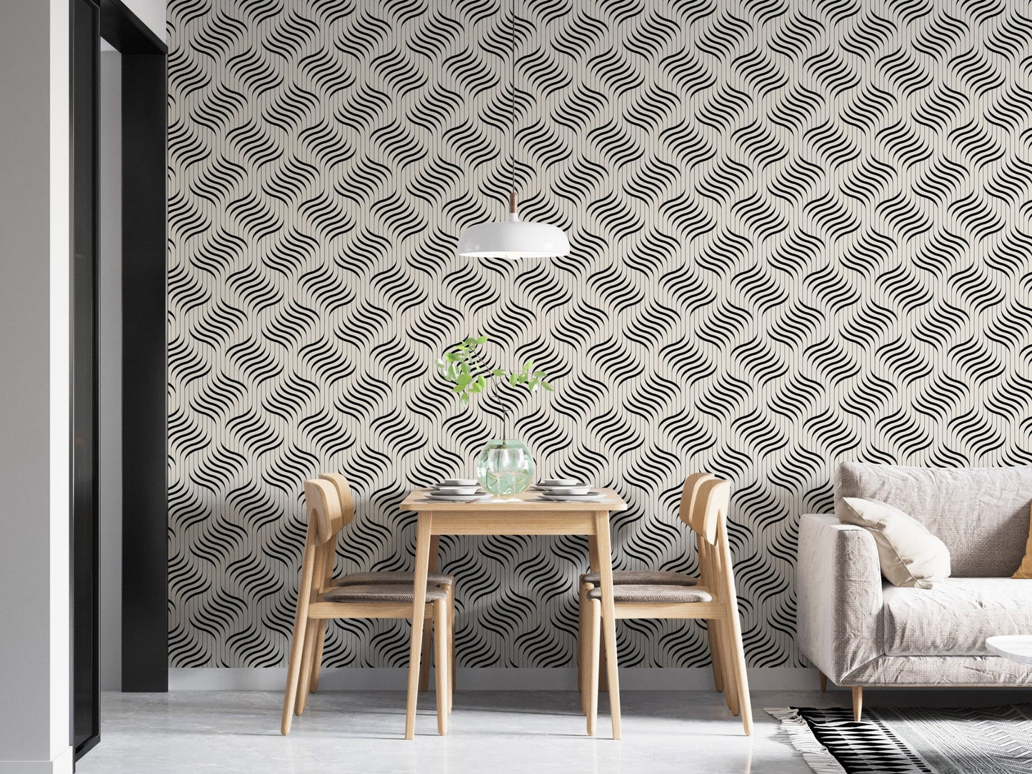Ripple Monochrome Geometric Waves Wallpaper in a dining room with wooden furniture.
