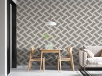 Ripple Monochrome Geometric Waves Wallpaper in a dining room with wooden furniture.