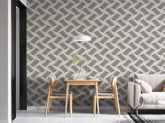 Ripple Monochrome Geometric Waves Wallpaper in a dining room with wooden furniture.