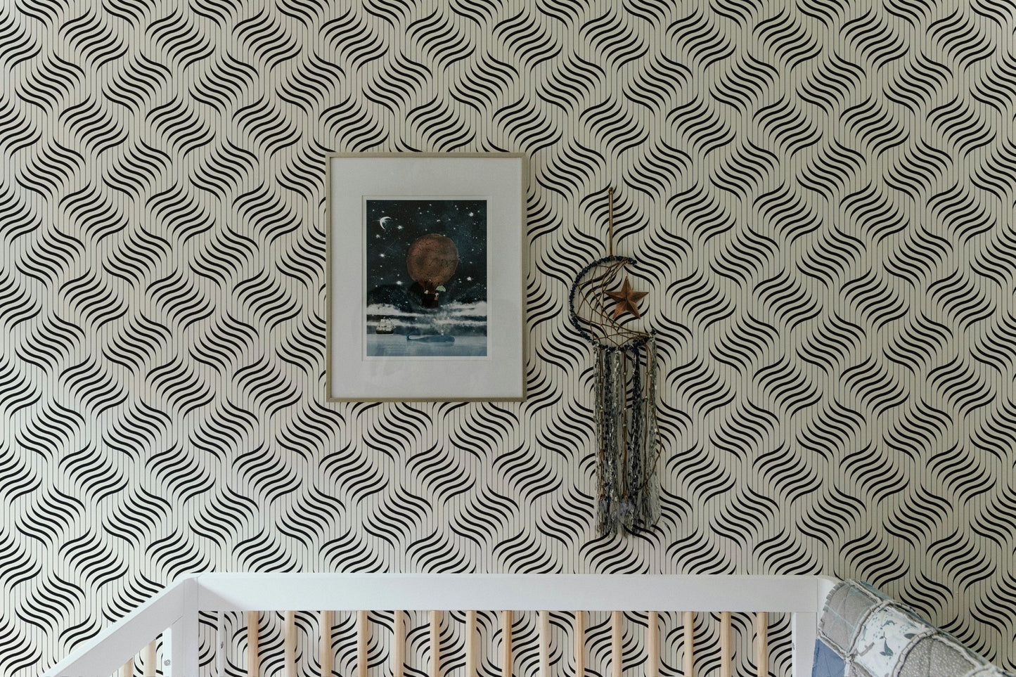 Ripple Monochrome Geometric Waves Wallpaper in a playroom with white furniture.