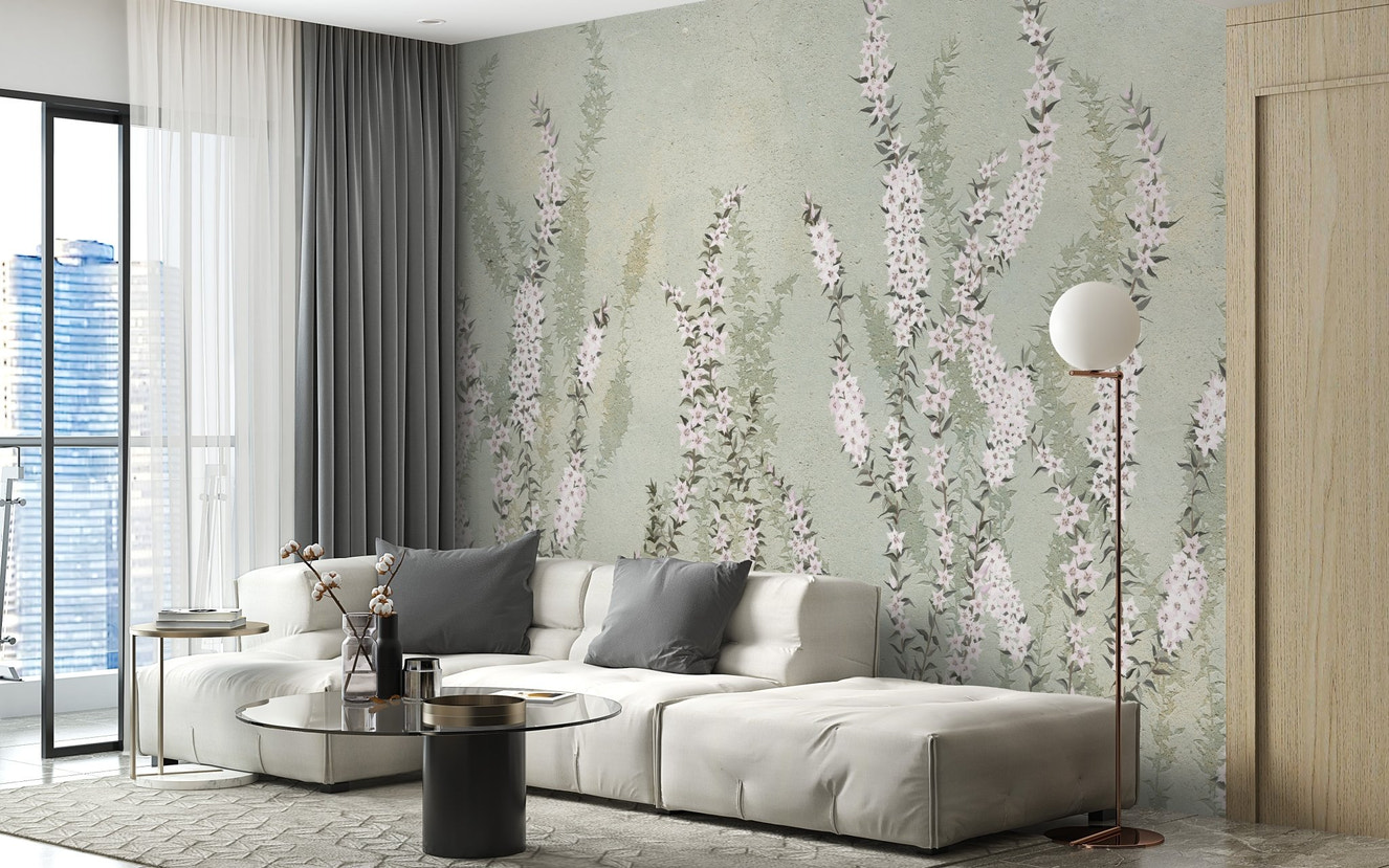 Draped white orchids mural with a vibrant green background.
