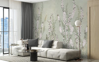 Rising White Orchids with Green Background Murals in living room with white sofa.