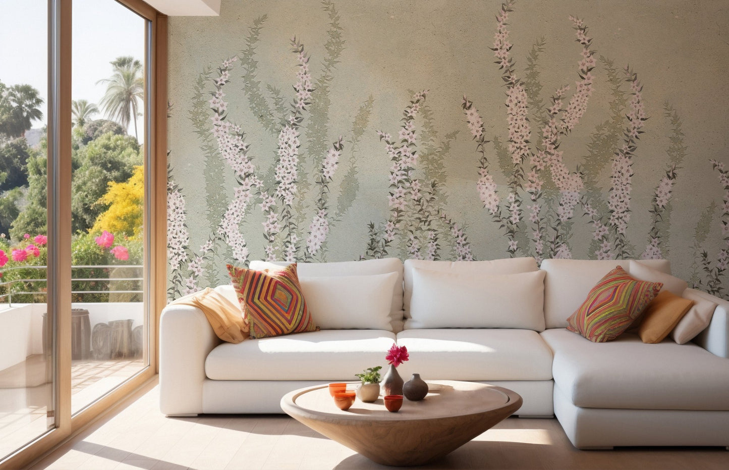 Rising White Orchids with Green Background Murals behind a white sectional sofa.