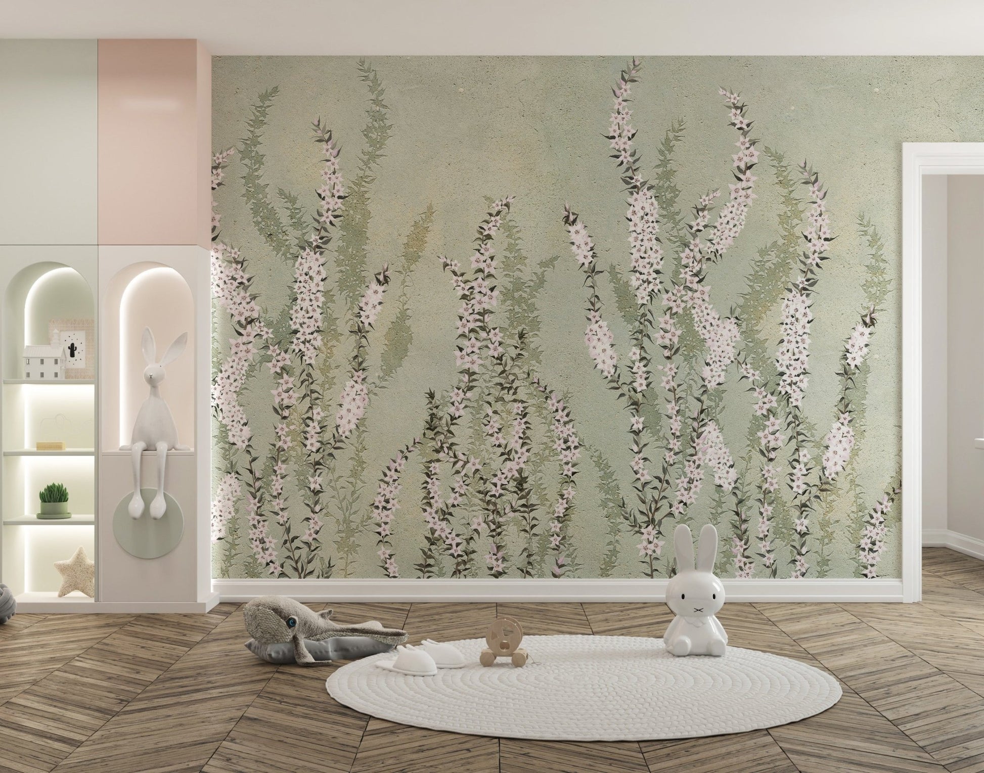 Green wall mural with vertical white orchid patterns in a minimalist nursery.