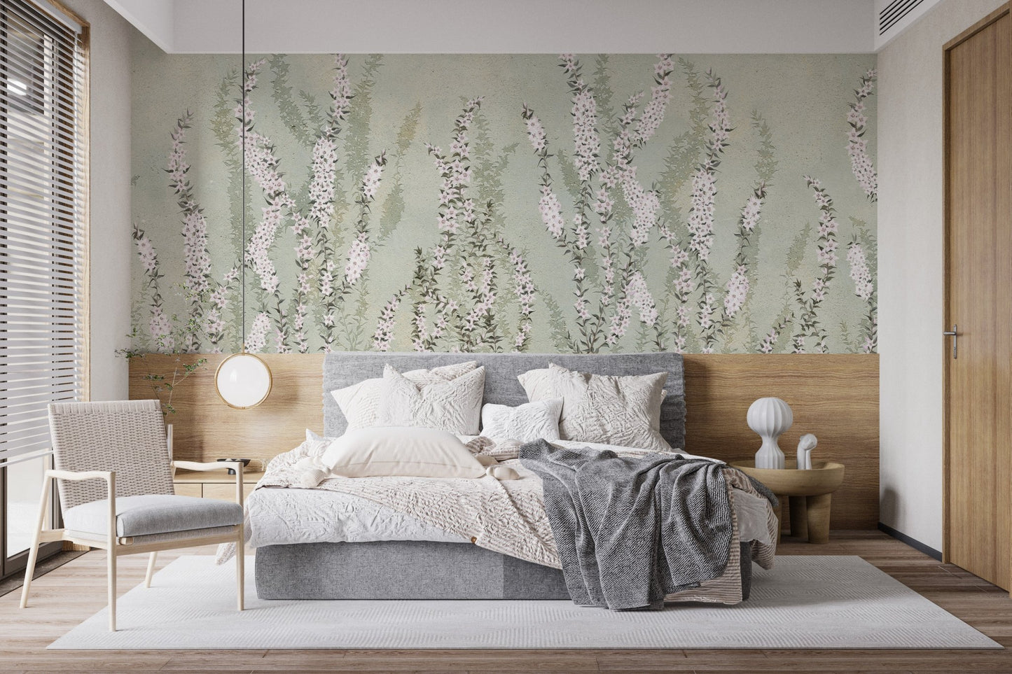 Rising White Orchids with Green Background Murals in bedroom with light wood accents.