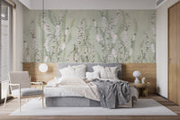 Rising White Orchids with Green Background Murals in bedroom with light wood accents.