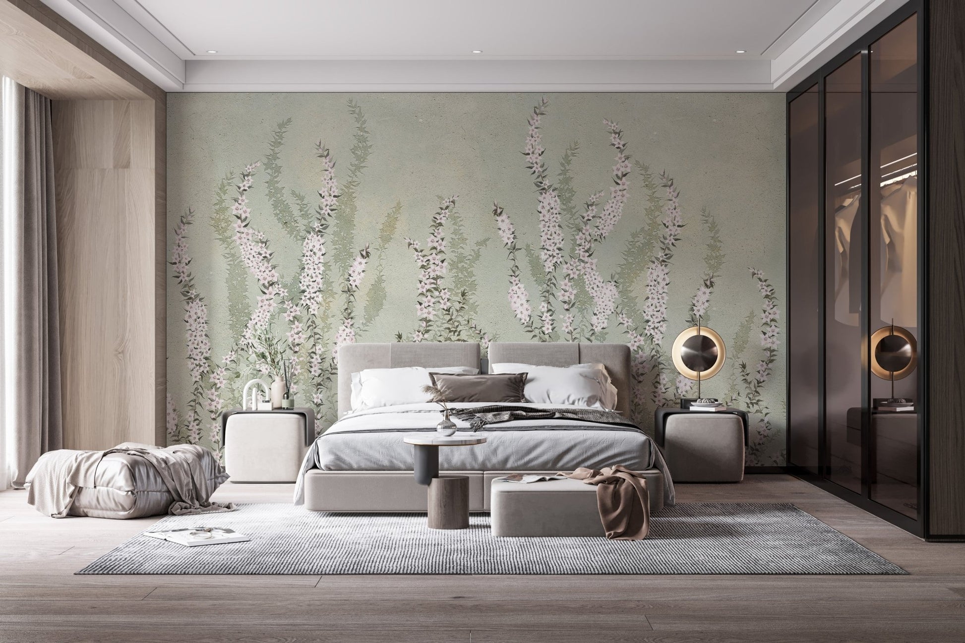 Master bedroom featuring green floral wall mural and dark wood storage cabinets.