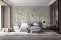 Master bedroom featuring green floral wall mural and dark wood storage cabinets.