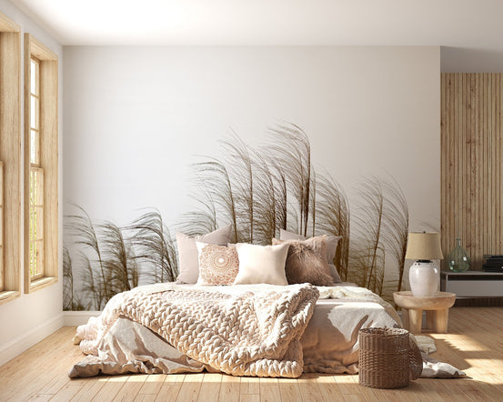 Riverside reed field mural for serene and nature-inspired bedroom walls.
