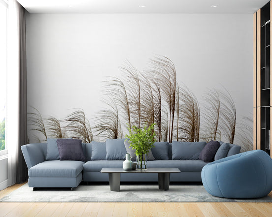 Reed field mural with riverside charm for tranquil home office interiors.
