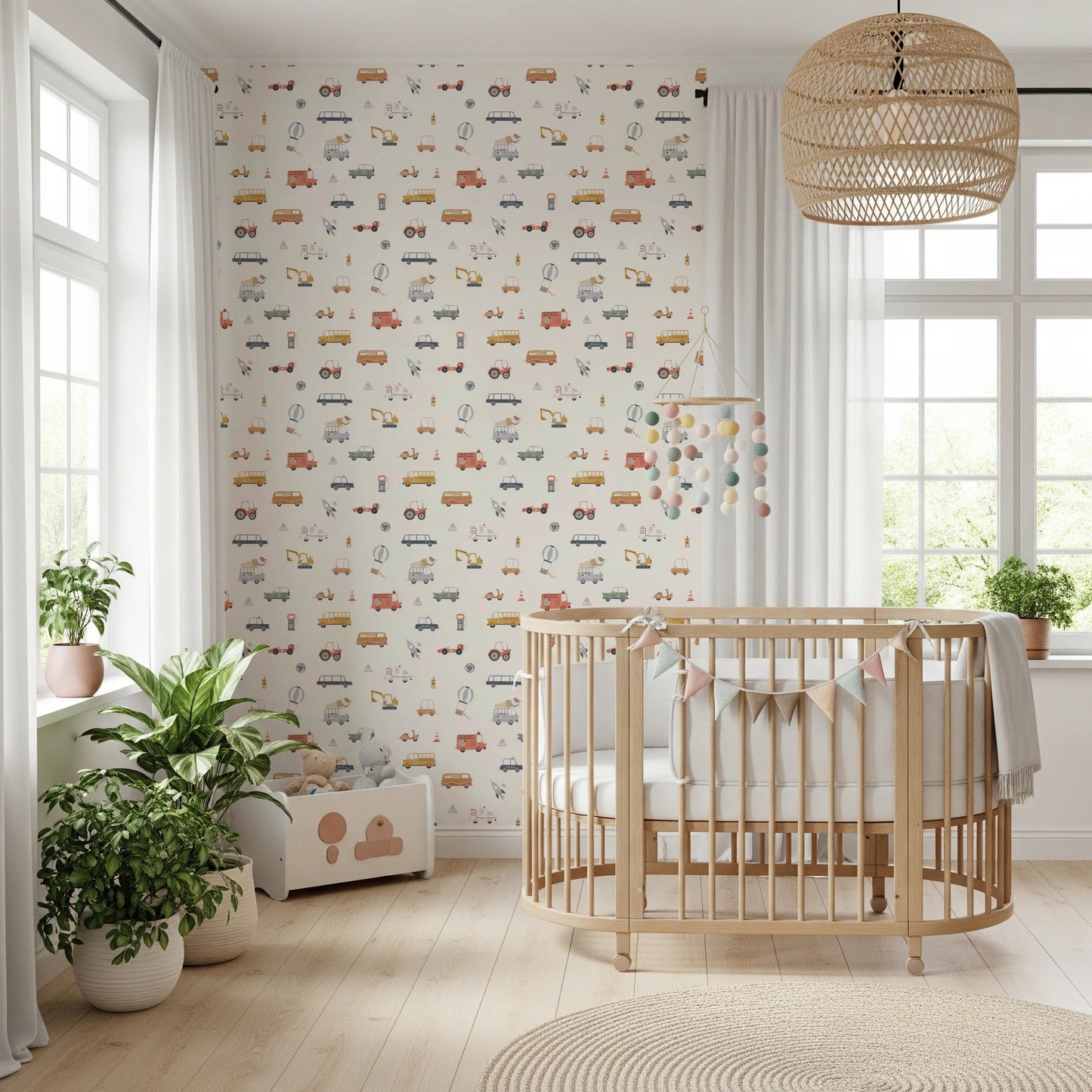 Whimsical rocket and car nursery wallpaper.