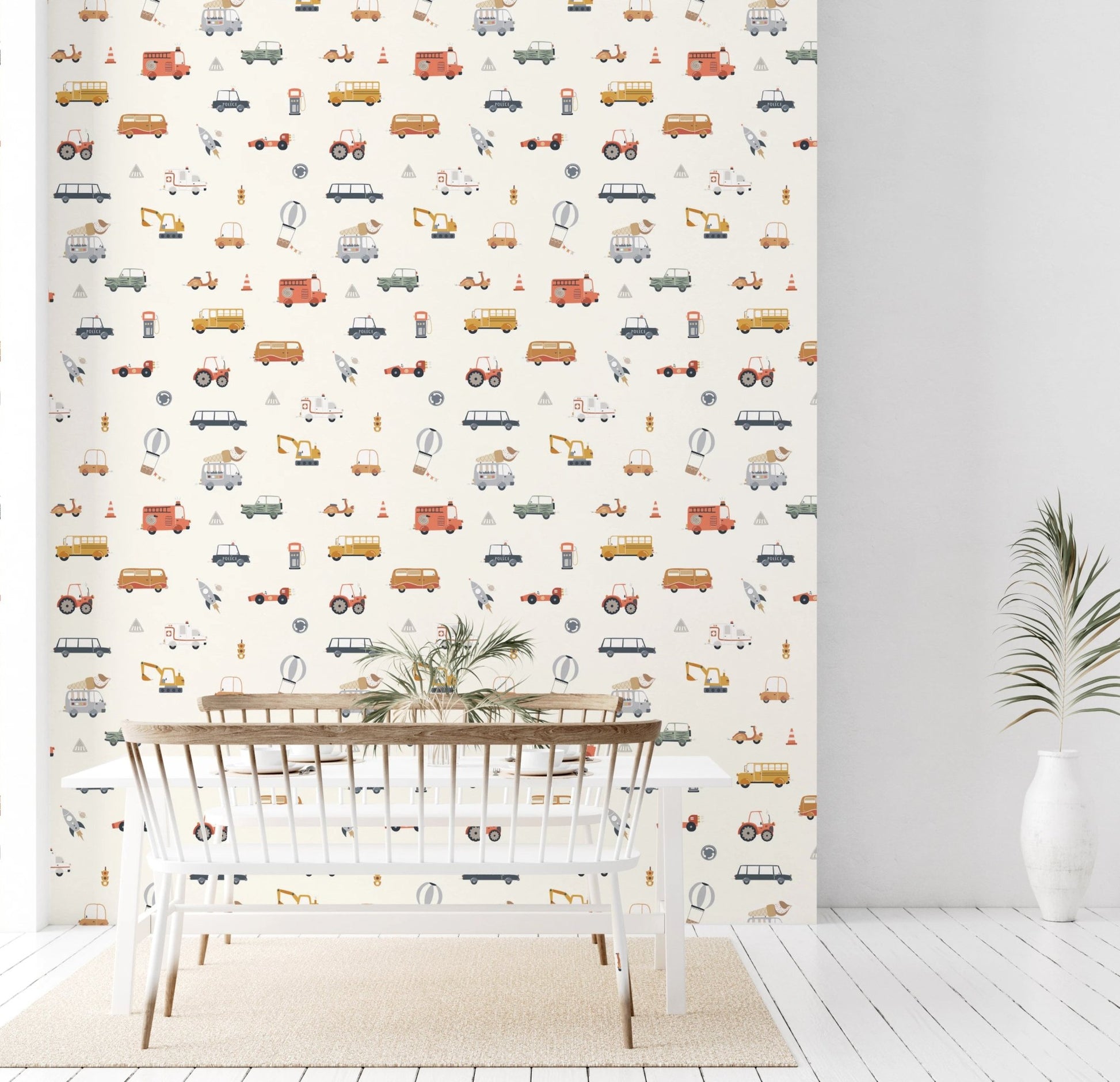 Vintage style toy vehicle wallpaper print.