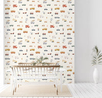 Vintage style toy vehicle wallpaper print.