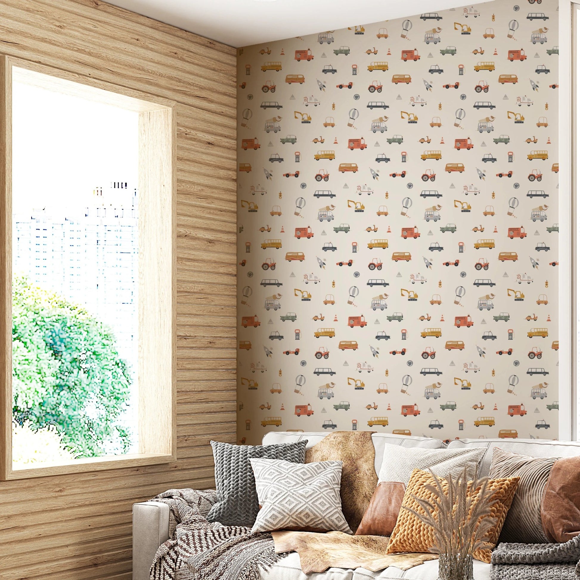 Cute vehicle pattern on cream wallpaper.