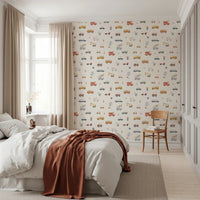 Hand-drawn fire truck and bus wall decor.