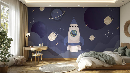 Kids space wallpaper wall mural with white rocket and dark blue sky.
