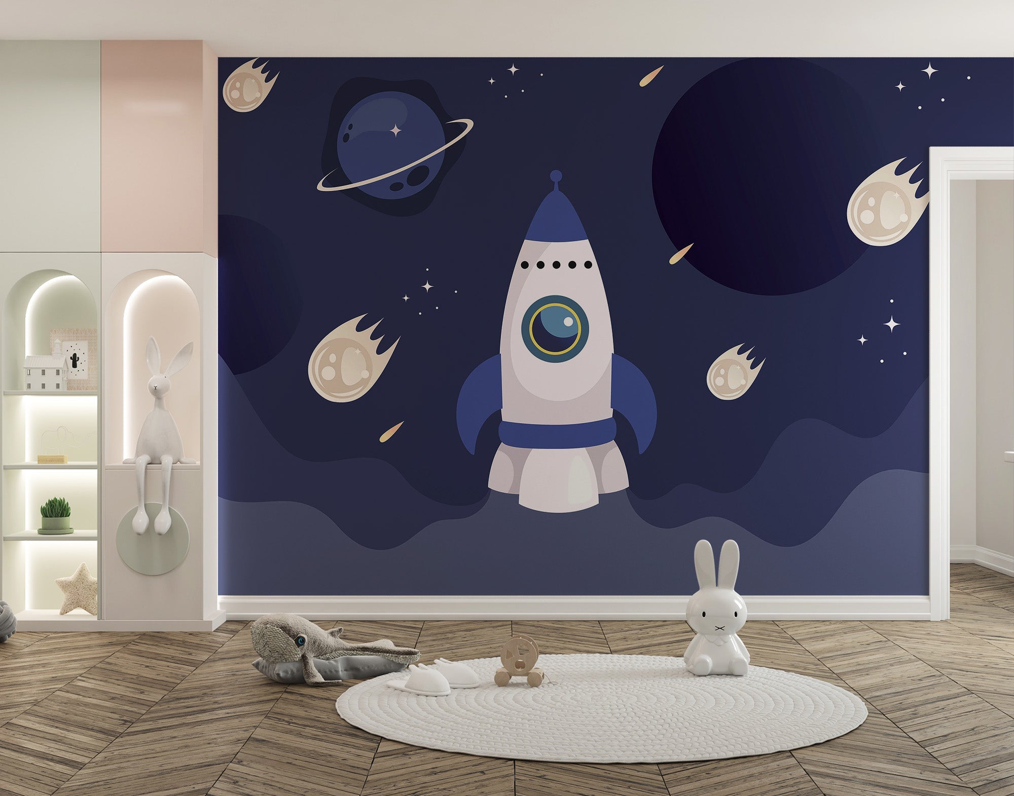 Rocket ship wallpaper with blue planets and white stars.