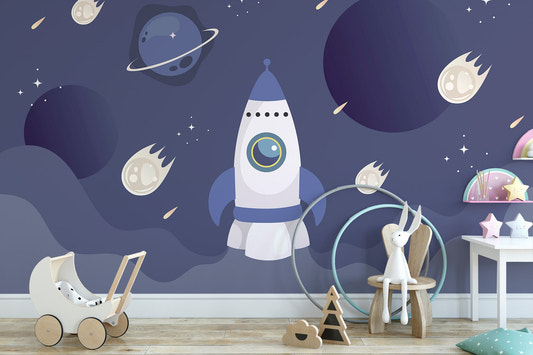 Rocket ship kids space wallpaper blue rocket wall mural with planets.