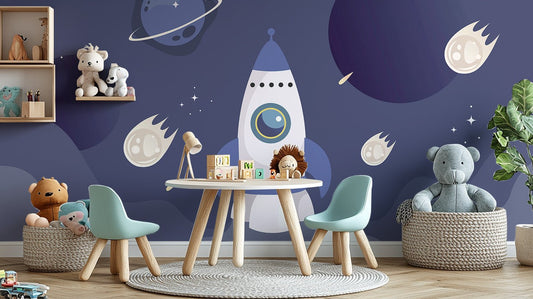 Space theme wallpaper mural featuring rocket and floating asteroids.
