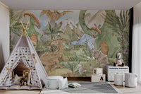 Playful dinosaurs in a lush forest with volcanoes and mountains in the background.