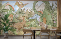 Bright watercolor dinosaurs in a jungle with mountain scenery in the background.