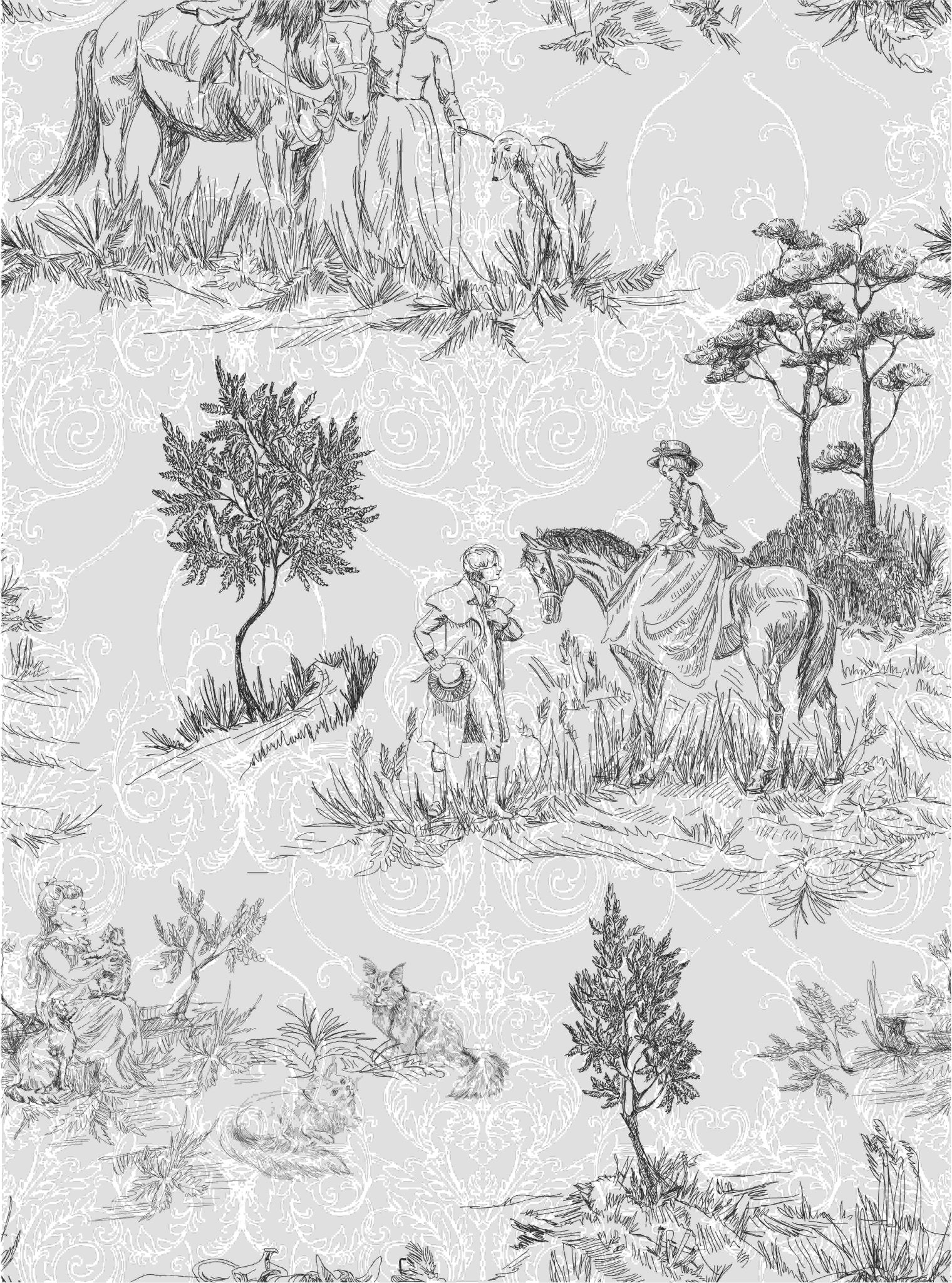 Rococo inspired pastoral wall mural in soft beige tone.