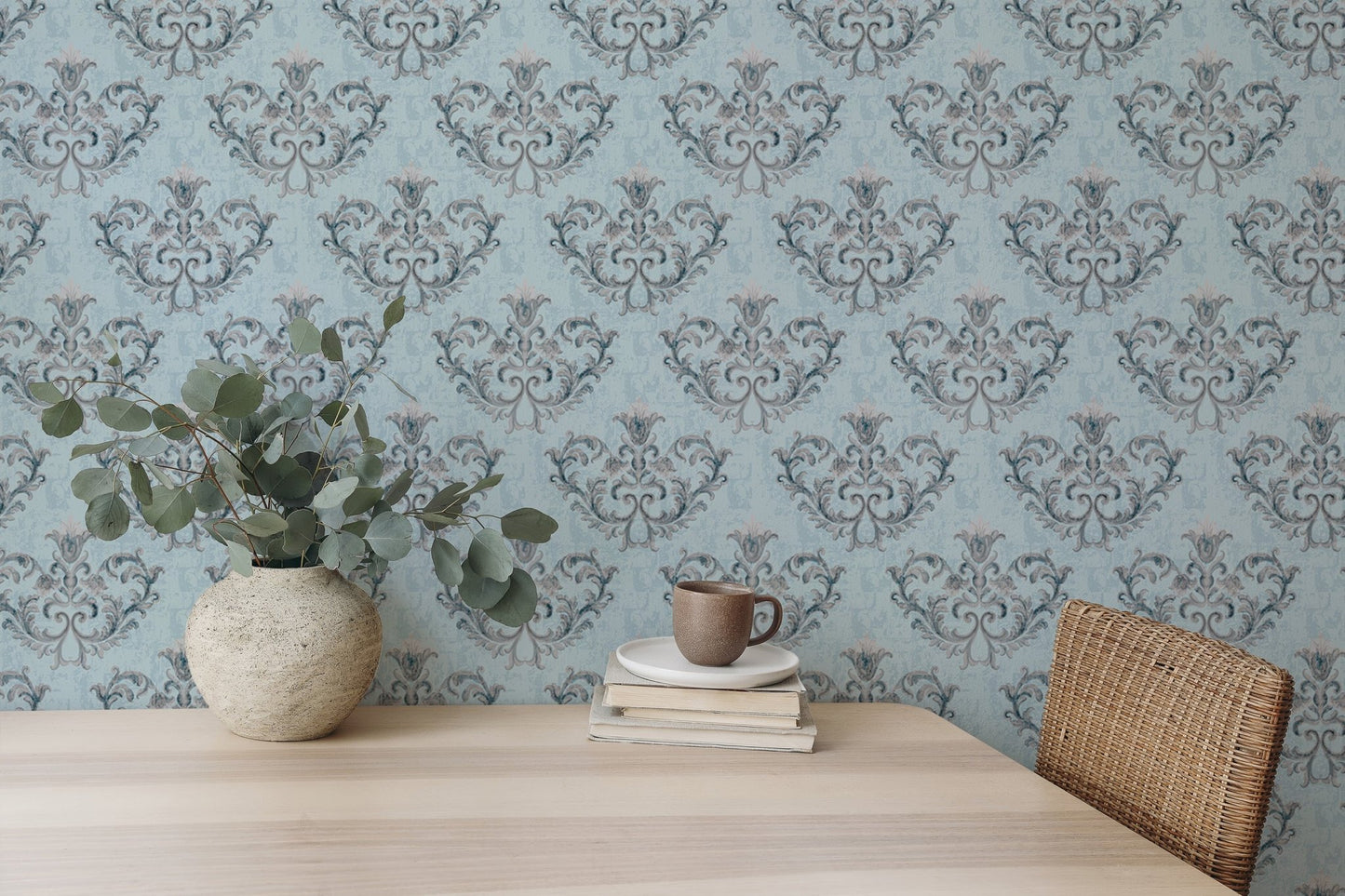 Rococo Silver Texture Pattern Floral Ornaments Wallpaper on a dining room wall.