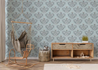 Rococo Silver Texture Pattern Floral Ornaments Wallpaper in a playroom with a swing.