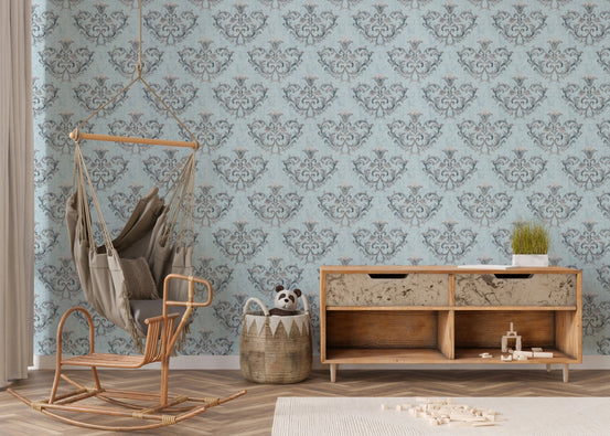 Rococo Silver Texture Pattern Floral Ornaments Wallpaper in a playroom with a swing.