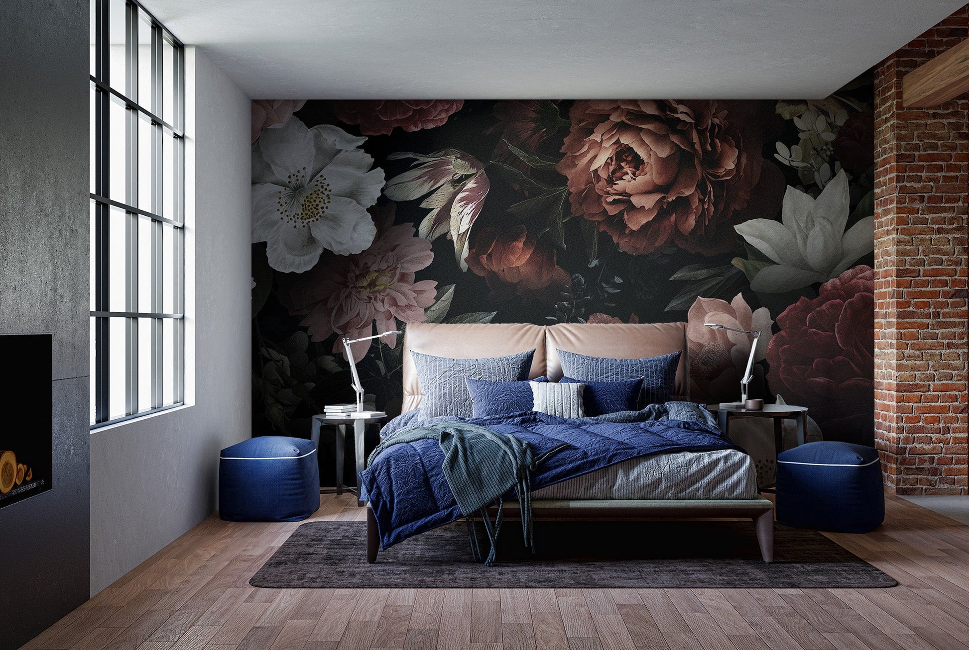 Moody rose floral wallpaper wall mural in burgundy and blush color.