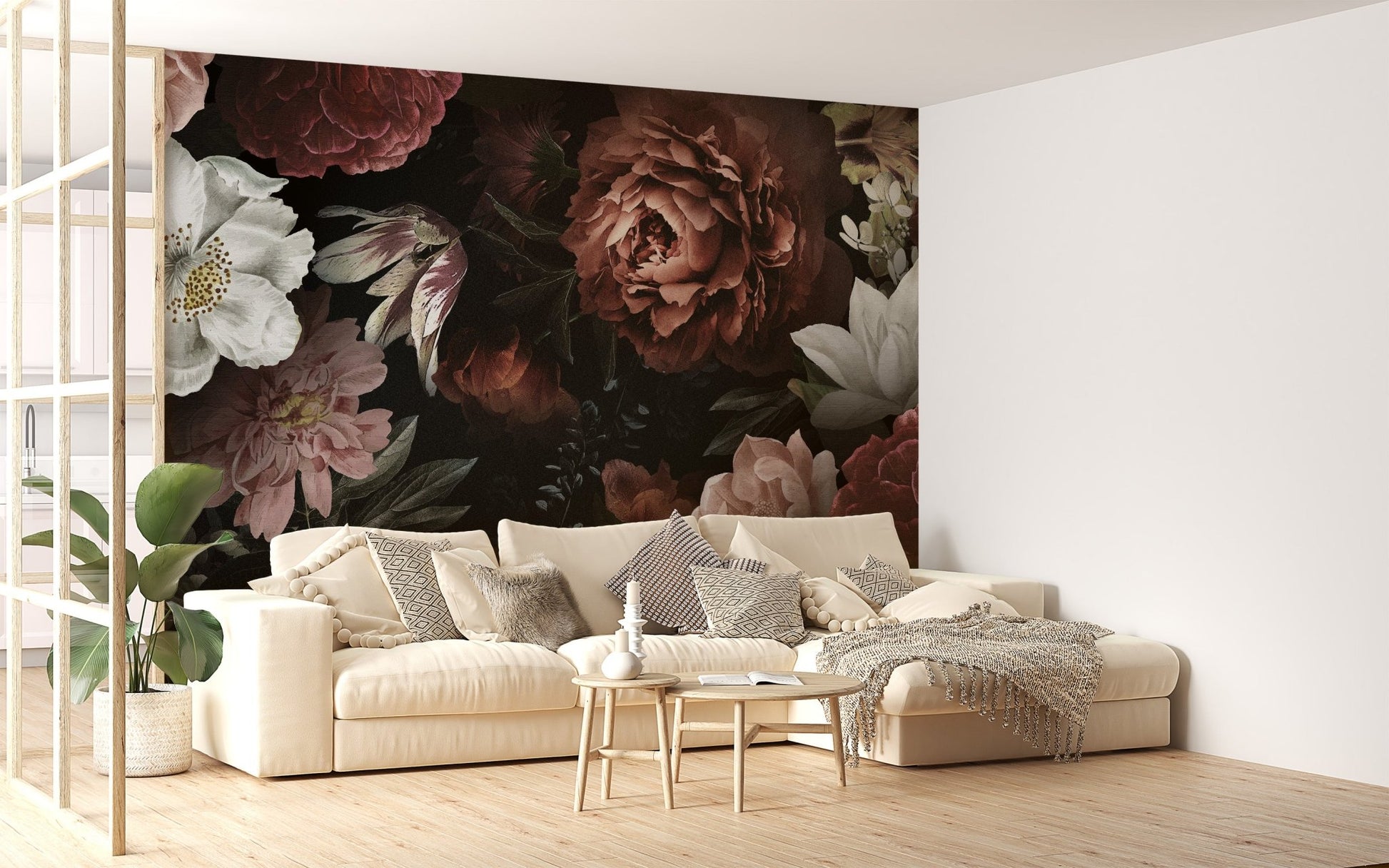 Botanical blossom wallpaper wall mural with dramatic contrast.