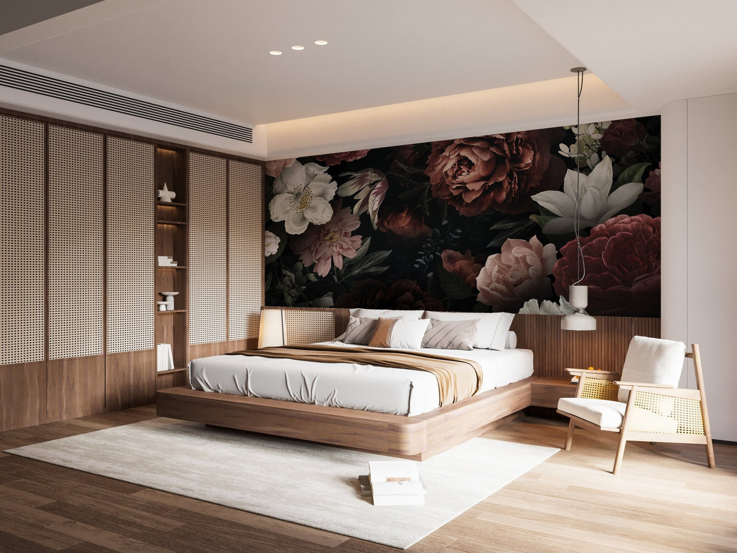 Vintage inspired blossom wallpaper wall mural with black background.