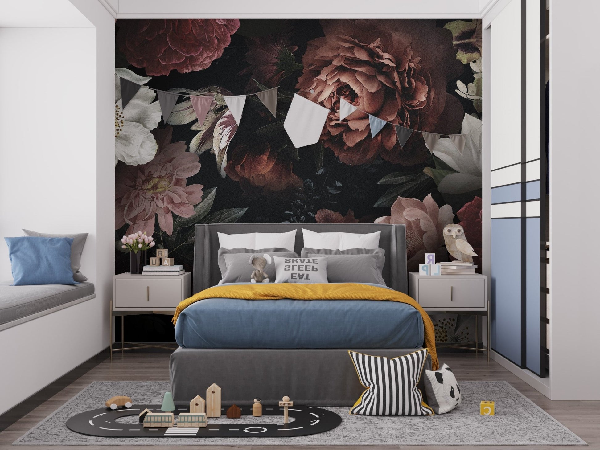 Elegant floral wallpaper wall mural in deep red and ivory shades.