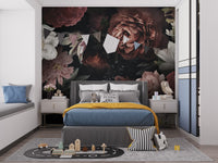 Elegant floral wallpaper wall mural in deep red and ivory shades.