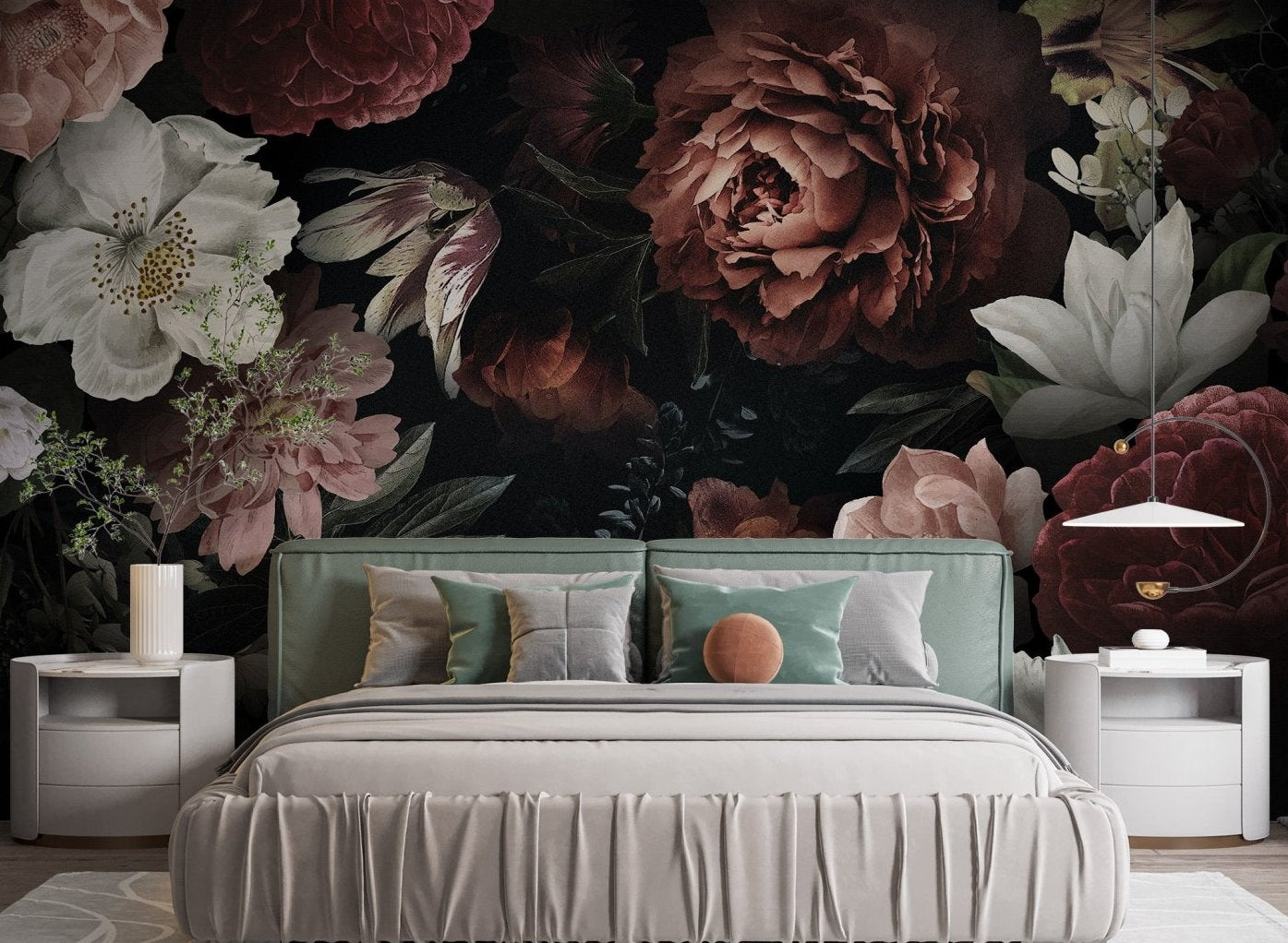Romantic blossom wallpaper mural with dark floral wallpaper design.