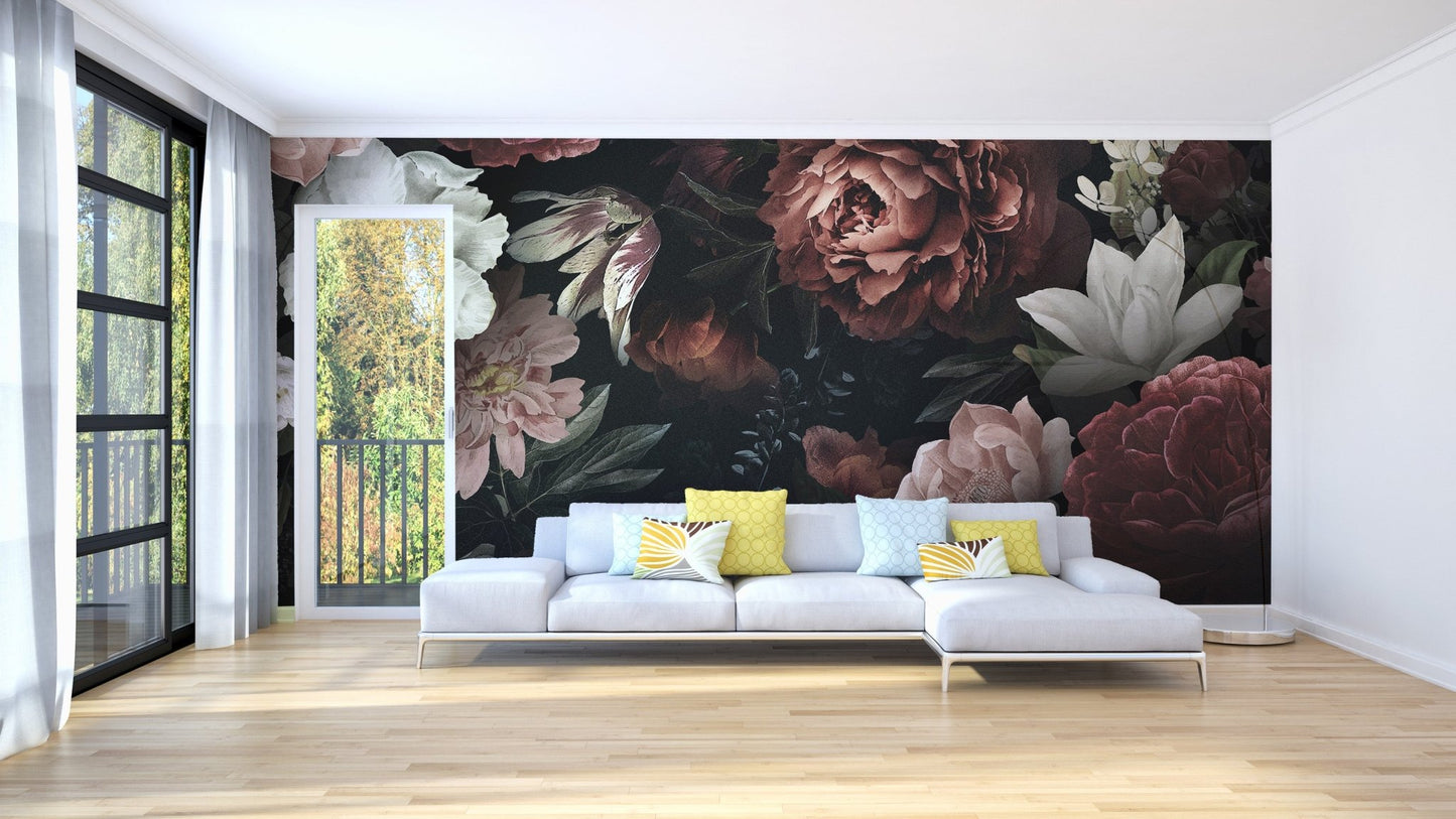 Classic dark floral wallpaper wall mural with layered petals.