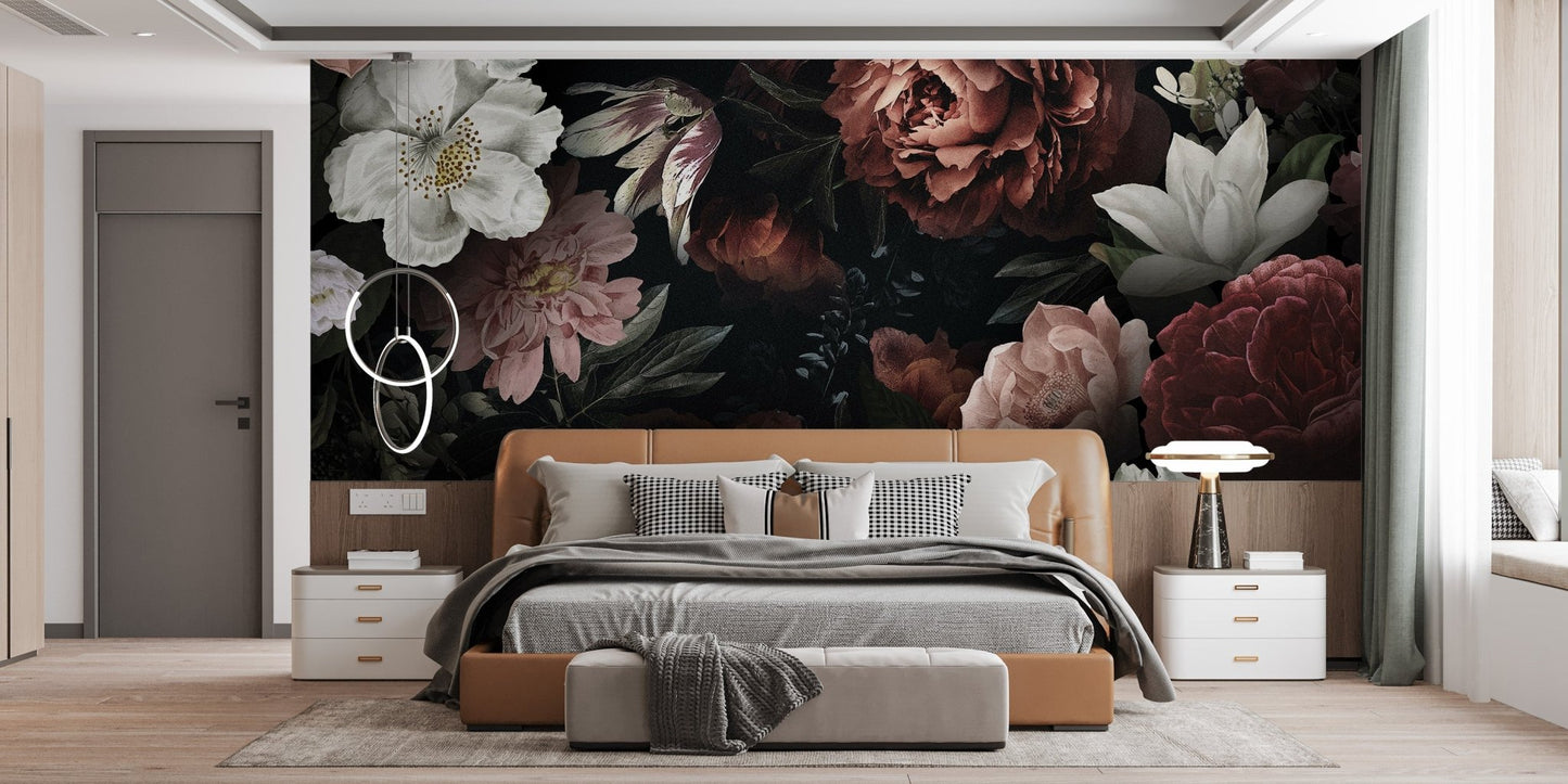 Artistic floral wallpaper wall mural with bold bloom pattern.